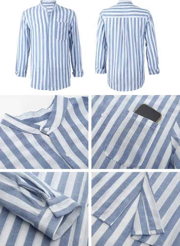Vista 6 de Camisas de lino de manga larga con cuello de banda y botones para hombre