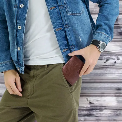 Vista 6 de Contacts - Monedero de bolsillo con cremallera de cuero genuino para hombre, color marrón oscuro