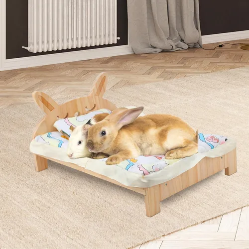 Vista 8 de BWOGUE Cama grande de madera de conejo, cama plegable 2 en 1 para mascotas con cojín reversible y almohada, fácil de montar, camas para animales