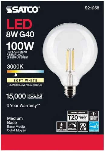 Vista 5 de Satco Paquete de 6 bombillas LED de filamento de globo G40 de 8 W, 3000 K, blanco suave, E26, base media, regulable, equivalente a 100 W, ubicación