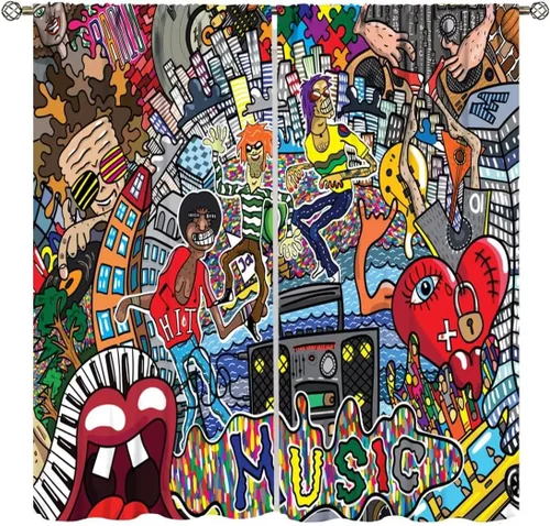 Vista 12 de Cortinas de pared de ladrillo, arte pop de grafiti, hermosas cortinas con estampado de chicas americanas para adolescentes, dormitorio, sala