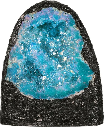 Vista 13 de TUMBEELLUWA Decoración de piedra de geoda de cristal con revestimiento de titanio irregular, espécimen de racimo de roca de arco iris natural