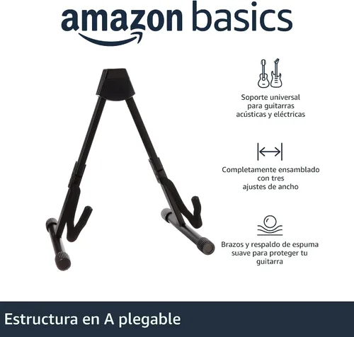 Vista 2 de Amazon Basics Soporte plegable portátil ajustable para guitarras eléctricas y acústicas, en forma de A, totalmente montado con espuma acolchada