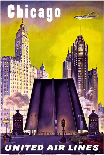 Vista 10 de Chicago USA - The Tribune Tower Wrigley Building and Michigan Avenue Bridge - United Air Lines - Vintage Airline Travel Poster c.1950s - Master Art