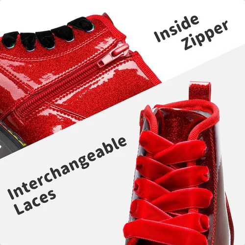 Vista 4 de DREAM PAIRS Botas de tobillo con purpurina para niñas y niños, zapatos de combate con cremallera lateral con cordones (bebéniño pequeñoniño grande)
