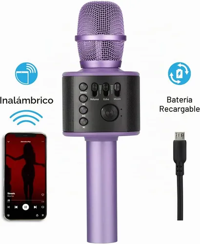 Vista 5 de Micrófono de karaoke inalámbrico Bluetooth con altavoces incorporados + grabación HD, micrófono portátil de mano Lila