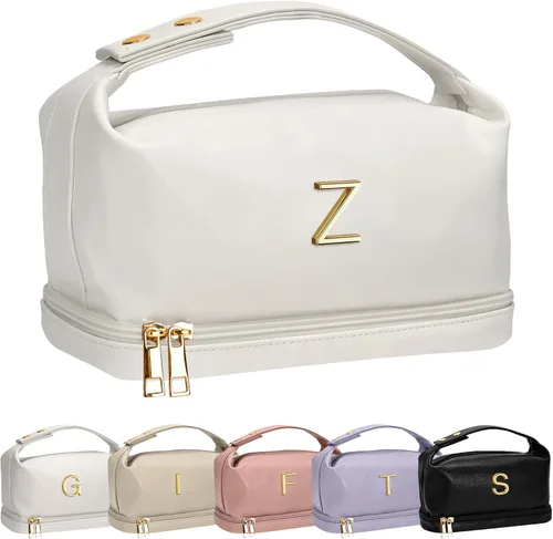 Vista 155 de Bolsa de maquillaje con asa, bolsa de cosméticos impermeable de doble capa, bolsas de maquillaje de cuero PU de gran capacidad con letra, bolsa
