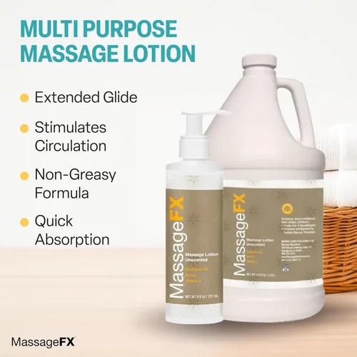 Vista 6 de Massage FX Loción de masaje sin perfume, botella de bomba de 8 onzas, fórmula calmante que proporciona un deslizamiento suave y extendido, fórmula