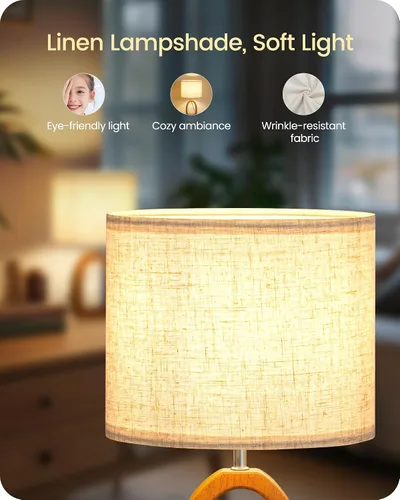 Vista 4 de LE07TLP205 - Juego de 2 lámparas de mesa de madera, lámpara de noche pequeña de 14.2 pulgadas con pantalla de lino beige y base de madera de perlado