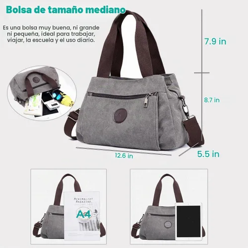 Vista 5 de Bolsos tipo morral de lona para mujer, bolsos cruzados de hombro, cartera con múltiples compartimentos, tamaño mediano Beige - Medium