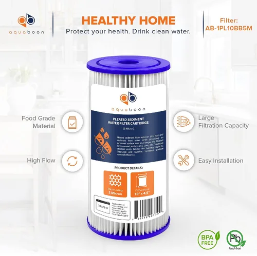 Vista 4 de Aquaboon Filtro de agua de sedimento plisado de 5 micrones, cartucho de 10 x 4.5 pulgadas, repuesto para filtro de agua para toda la casa, cartuchos