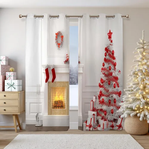 Vista 20 de Renaiss Cortinas opacas de Navidad con tablones de madera rústica para dormitorio, con ojales, estampado de copos de nieve navideños, cortinas