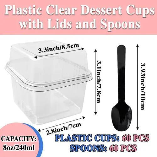 Vista 2 de Alaeseje Paquete de 60 tazas de plástico de postre de 8 onzas con tapas y cucharas, recipientes cuadrados para parfait desechables con tapa