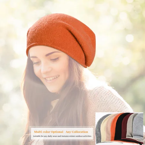 Vista 2 de DANMY Gorro de punto holgado de cachemira para mujer, gorro de lana suave y cálida para invierno