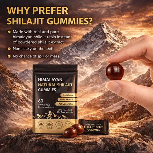 Vista 2 de J-PRQ Gomitas Shilajit del Himalaya, gomitas Shilajit para hombres y mujeres con Ashwagandha Gokshura 85+ minerales, 100% naturales, 60 gomitas