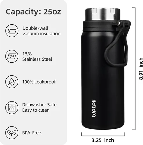 Vista 5 de BJPKPK Botella de agua de acero inoxidable, botella aislada de 25 onzas con boca ancha, botella térmica de metal a prueba de fugas de doble pared