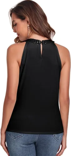 Vista 4 de Fenyong Camiseta sin mangas con cuello halter de lentejuelas para mujer, elegante, brillante, para fiesta, club, concierto, cóctel, camisola