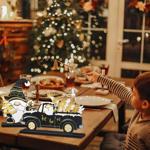 Vista 5 de Capoda 6 piezas de decoración de mesa de Navidad, centros de mesa de Navidad de madera, muñeco de nieve, Papá Noel, gnomo, letreros de Feliz