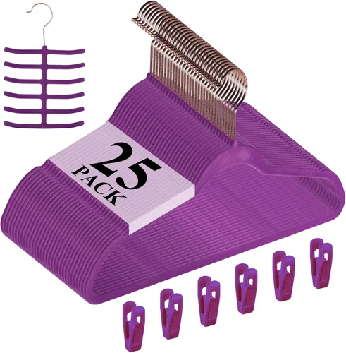 Vista 38 de VECELO Perchas de Terciopelo Premium para Ropa de Servicio Pesado (Paquete de 25) - Antideslizantes y que Ahorran Espacio con 6 Clips para Dedos