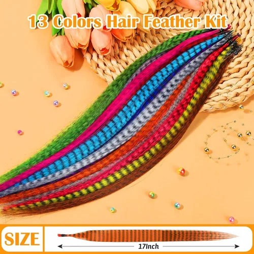 Vista 4 de Kit de 65 piezas de plumas para el cabello con herramientas para extensiones de cabello, kit de extensiones de plumas de cabello sintético largo