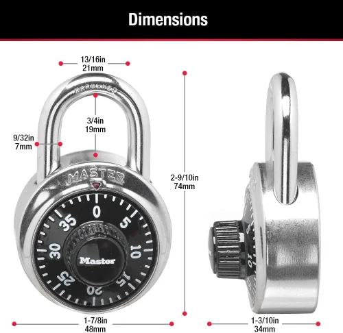 Vista 6 de Candado de combinación de casillero de gimnasio negro Master Lock, candado de combinación interior con código de 3 dígitos preestablecido