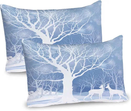 Vista 27 de Ambesonne Juego de 2 fundas de almohada navideñas, diseño de estrellas de Navidad y copos de nieve, letras retro, ropa de cama de microfibra