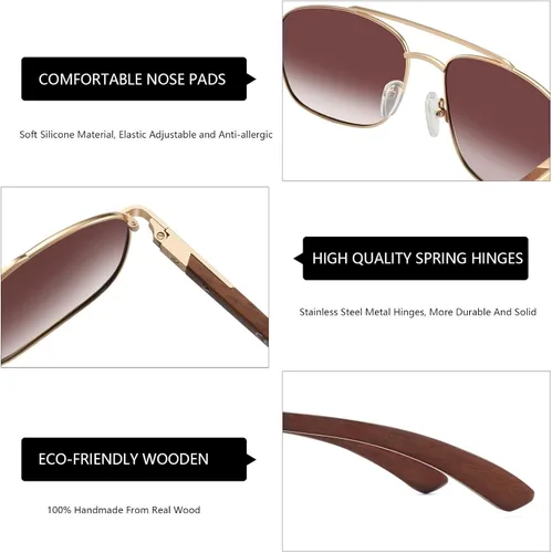 Vista 4 de ZENOTTIC Gafas de sol polarizadas de madera aviadora para hombre 100 protección UV pesca conducción de golf