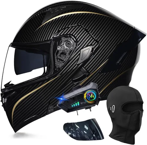 Vista 6 de Cascos modulares de motocicleta con Bluetooth, aprobados por DOT, casco de motocicleta de cara completa abatible con doble visera, con altavoces
