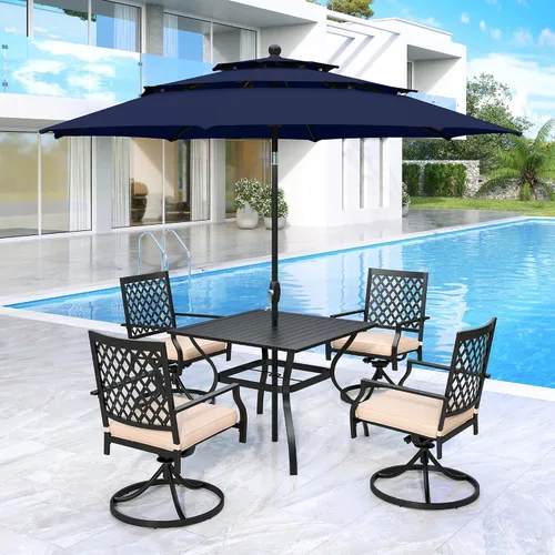 Vista 30 de MFSTUDIO Juego de mesa de comedor para patio al aire libre con paraguas, 4 sillas giratorias y 1 x 37 cuadrado Bistro forjado Iorn Slat mesa grande