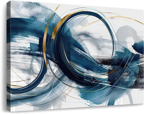 Vista 15 de Lienzo abstracto grande para pared, pinturas artísticas modernas de acuarela, fantasía negra y azul, graffiti colorido sobre fondo blanco