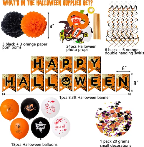 Vista 3 de Juego de 62 decoraciones de fiesta de Halloween, accesorios de cabina de fotos de Hallowmas, globos, pompones, espirales colgantes, remolinos