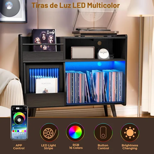 Vista 4 de Soporte grande para tocadiscos con puerta corredera, gabinete de almacenamiento para 350 discos de vinilo, mesa para tocadiscos con toma
