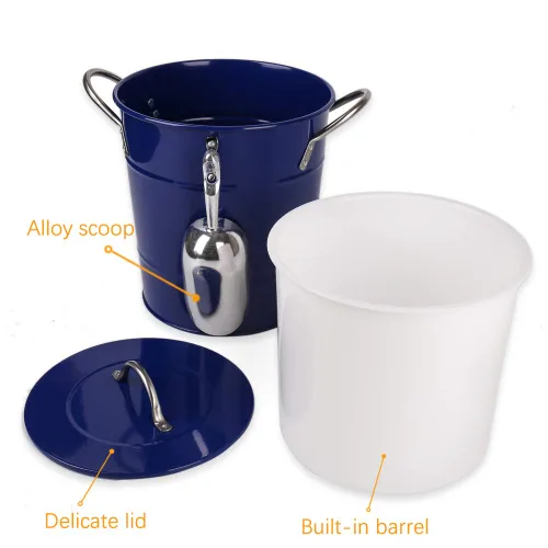 Vista 2 de T586 Cubo de hielo de doble pared de metal azul 4L con tapa y cuchara