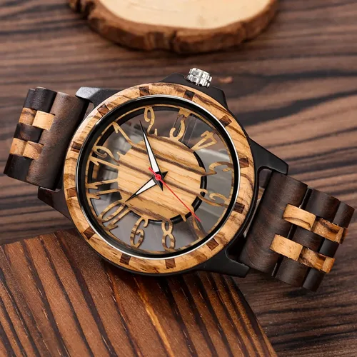 Vista 3 de Brown Deep Black Ebony Zebra Reloj de cuarzo de madera para hombre, correa de madera con cierre plegable para hombres