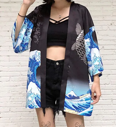 Vista 2 de LAI MENG FIVE CATS Kimono japonés de playa de ajuste holgado para mujer