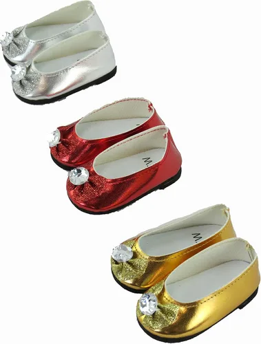 Vista 2 de American Fashion World Zapatos planos con lazo de diamante metálico rosa intenso, lavanda y verde azulado para muñecas de 14 pulgadas, paquete de 3