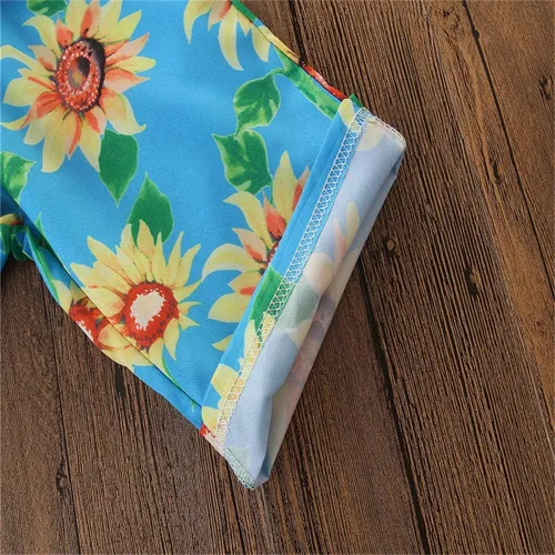 Vista 9 de Conjunto de ropa de camiseta sin mangas con tirantes amarillos y hombros descubiertos y pantalones de pierna ancha de girasol para niña pequeña