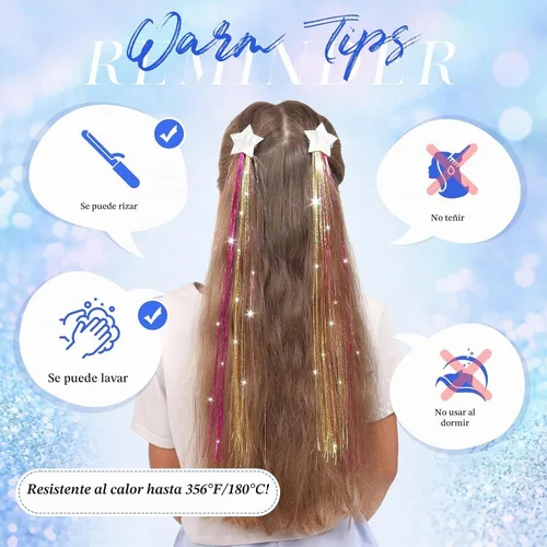 Vista 5 de FESHFEN Juego de 12 extensiones de cabello con clip, color negro, con clip, con purpurina, kit de accesorios coloridos para mujeres, de 20 pulgadas