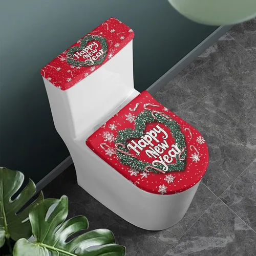 Vista 2 de Tapa de inodoro y tapa de tanque de cane Candy - Estampado de copo de nieve, elastano elástico lavable, decoración de Año Nuevo