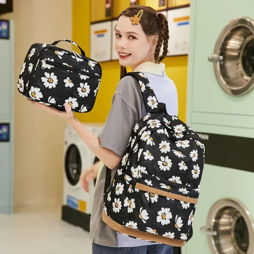 Vista 2 de Mochila para niñas con lonchera para niños, mochila para la escuela, ligera, resistente al agua, negro (Daisy Black), Mochila con fiambrera