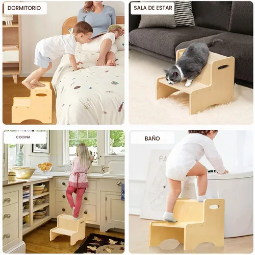 Vista 4 de WOOD CITY Taburete de Paso de Madera para Niños Pequeños, Taburete para Baño y Cocina, Taburete Natural de Dos Niveles para Dormitorio, Taburete