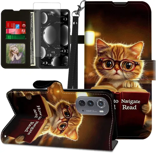 Vista 422 de Funda para Motorola Edge 2022 con protector de pantalla, soporte y tarjetero y correa para la muñeca, funda magnética para Moto Edge 2022 5G UW Lobo
