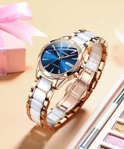 Vista 6 de Reloj automático de cerámica de acero inoxidable para mujer reloj mecánico de 984ft impermeable oro rosa elegante para mujer esfera de concha