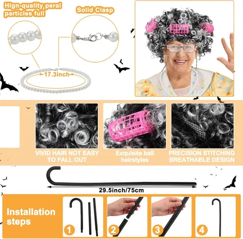Vista 2 de Jiuguva 7 piezas de disfraz de anciana para mujeres y niños, túnica de manga corta para abuelita, peluca de anciana, peluca plegable con muleta