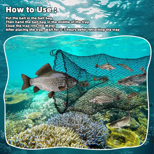 Vista 7 de 3 Pcs Foldable Fishing Net Accessories for Crab Crayfish Shrimp:Fishing Landing Net with Telescoping Pole Handle, Collapsible Crab Trap Hexagon and