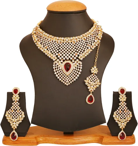 Vista 2 de Touchstone Mughal Jali Collection, Gargantilla de tono dorado, de India, Mughal, Bollywood, diamante blanco, set de gargantilla para mujer