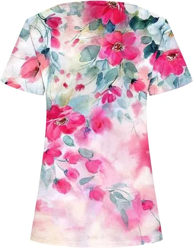 Vista 5 de Womens Summer Tops Boho Floral Print Tunic Side Split Button Down Short Sleeve Square Neck Shirts Spring Blouses