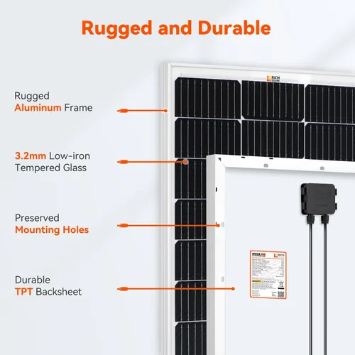 Vista 3 de RICH SOLAR El kit solar de 100 vatios contiene panel monocristalino de alta eficiencia de 100 W con 9 barras colectoras y controlador MPPT de 20 A