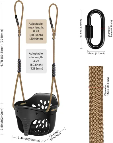 Vista 6 de SELEWARE Asiento de columpio para niños pequeños con respaldo alto de cubeta completa de servicio pesado con mosquetones de bloqueo y cuerda