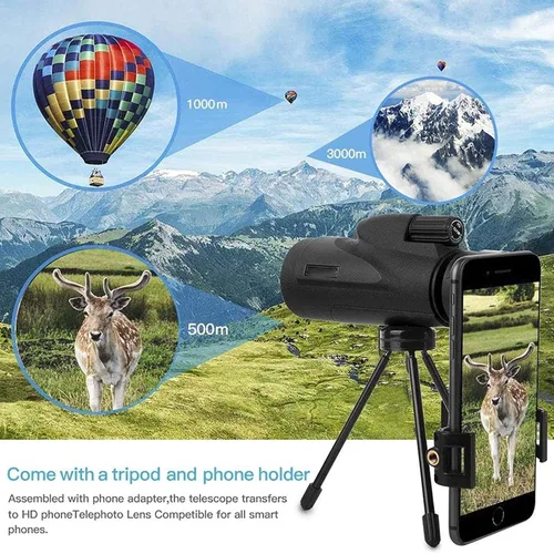 Vista 5 de Monocular Telescope, 12x50 Monocular Telescope, High Power Life Waterproof BAK4 Prism Lens Monocular Compact with Smartphone Adapter and Tripod for